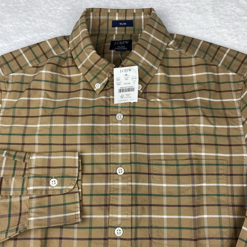 J.Crew Flex Oxford Shirt Mens Small Tan w/Green-Brown Checks Slim Fit NWT!